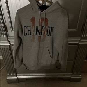 Champion Gray Hoodie with Orange and Blue Accents